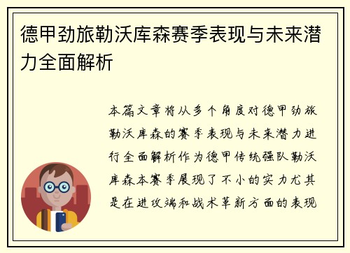 德甲劲旅勒沃库森赛季表现与未来潜力全面解析